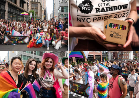 A grid of four images depicting SVA staff and students at the 2023 NYC pride parade. Everyone is dressed in bright colors and one image shows a close-up of a box of crayons that is SVA branded.