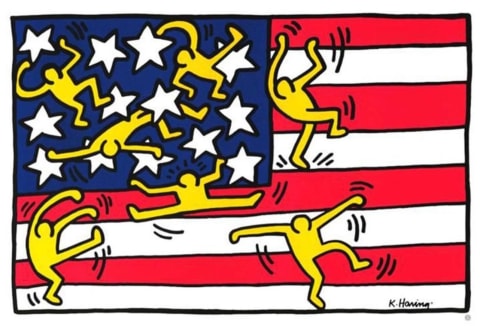 A drawing of an American flag with seven little yellow figures dancing over it signed by Keith Haring.