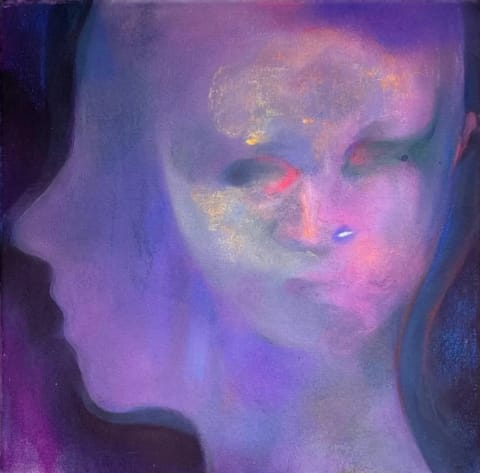 A ghostly painting of two faces, one facing the left and the other looking straight-on, overlaid on top of each other. The colors are varying hues of purple and red.