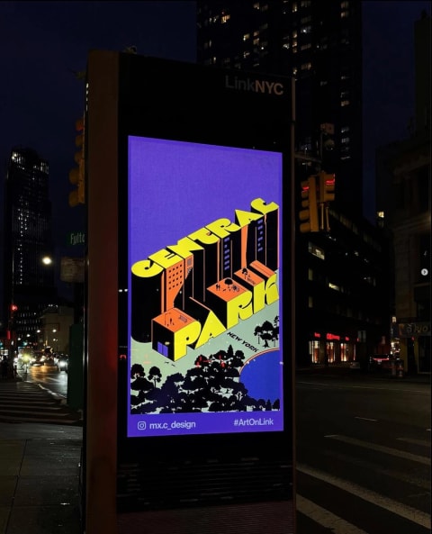 A LinkNYC sign is illuminated with an illustration that features the word "Central Park" in big block letters, emulating buildings.