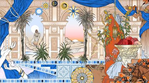 An illustration of figures and plants situated among large beige columns. There is a blue fabric draped across the top of the composition. 