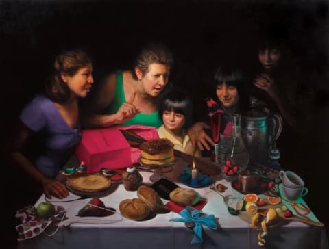A painting of family around a table spread with various food items including breads and cakes