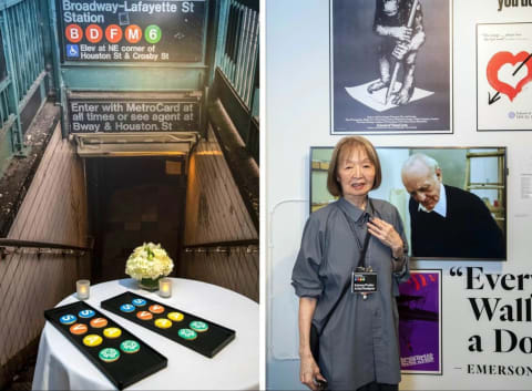 Two images, on the left is a photo of a table with SVA cookies on it in front of a life-size poster of a subway entrance. The photo on the right is of a woman standing in front of a photo of a man