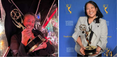 Two images from left to right: A woman sits in an enclosed space and holds up an Emmy while smiling.  A woman stands in front of an Emmy's branded backdrop while holding an Emmy. 