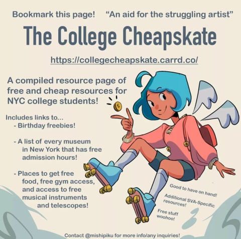 A graphic with a person with blue hair and roller  floating with a tiny set of wings next to text information about free/cheap student resources