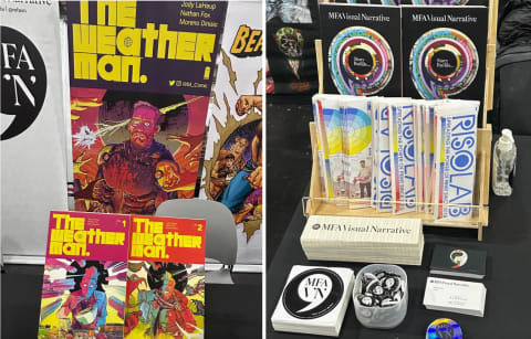 Two images side by side. On the left is two books titled "the weather man" and on the right is a set-up of merch and informative materials about the SVA MFA Visual Narrative program
