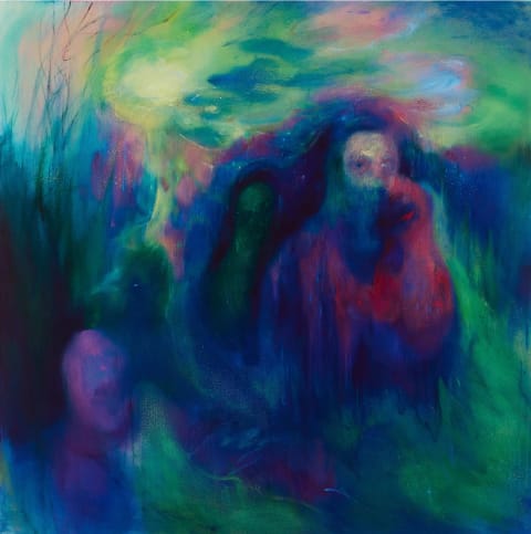 An surreal, impressionist oil painting done in primarily blues, purples and greens depicting an abstracted figure emerging from a landscape