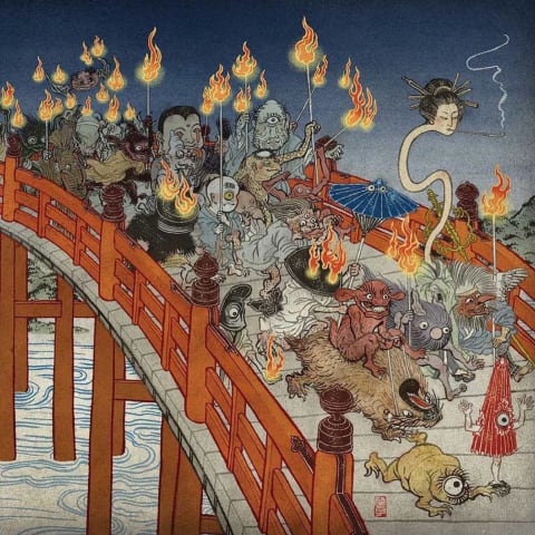 An illustration of many different monsters holding torches on a red bridge over water 