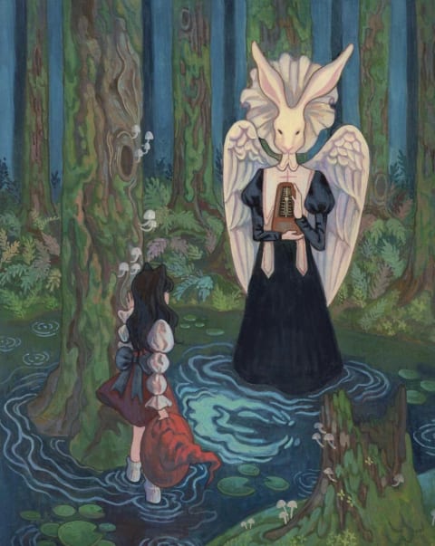 An illustration of a young girl in a forest looking at a taller figure with the head of a white rabbit and a blue dress on