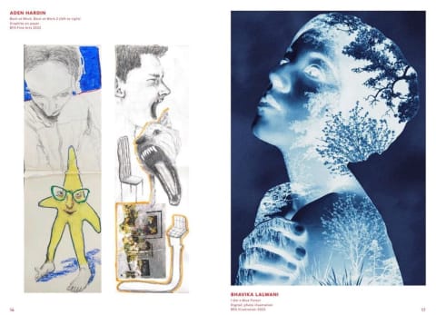 A two page spread of images, one being a drawing and one being a blue and white photo