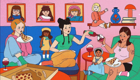 An illustration of a group of women sitting in a colorful living room with American Girl dolls and eating pizza 