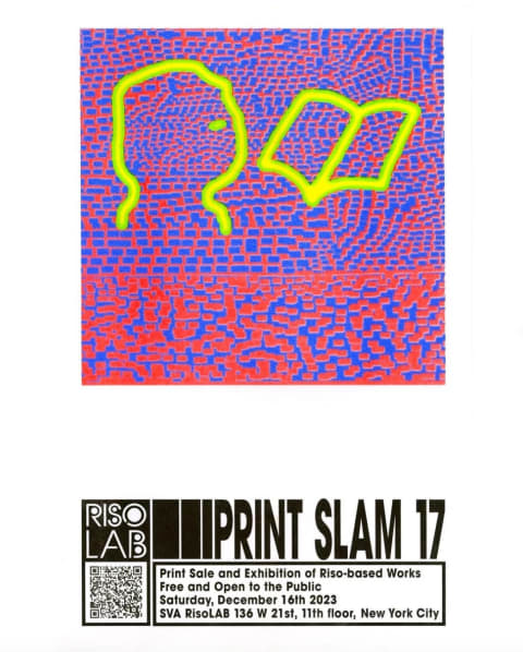 A riso printed poster of a red and blue abstract pattern with a neon green outline of a person reading a book