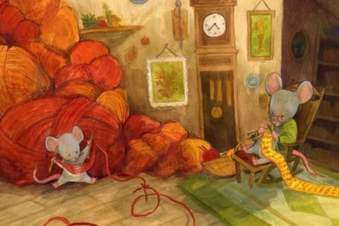 an illustration of two mice knitting with yarm