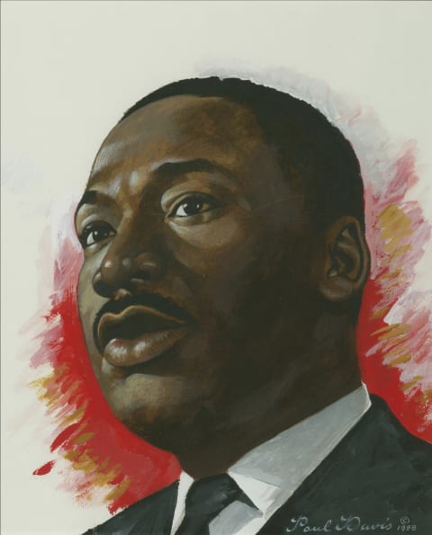 A painting of MLK looking off into the distance with red silhouetting him 