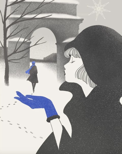 An illustration of a woman in a black coat blowing a kiss in the direction of another person in a long coat walking away in the snow. The woman in the foreground is wearing blue gloves and the person in the background is wearing a blue scarf 