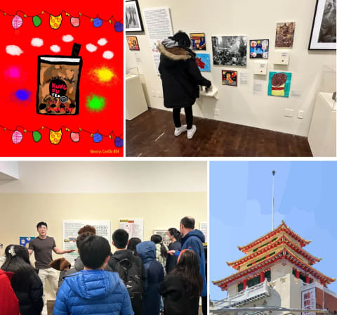 A grid of four images including two digital drawings and photos of middle school kids attending an exhibition of their work