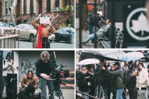 A grid of behind the scenes photos of a film shoot
