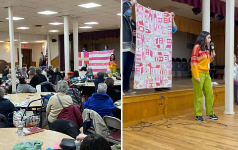 Two images, on the left is an image of a room full of people watching someone speak about their quilt which is being presented next to them. On the right is a closer image of the person speaking into a microphone next to a different quilt