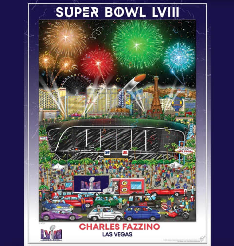 an illustrated poster depicting a sports arena in a city, with the night sky behind it filled with exploding fireworks.