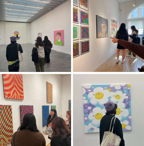 A grid of four photos of a group walking around various galleries. Women point and talk to each other about the art.