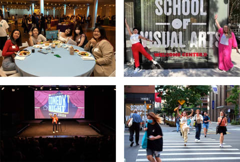 From left to right clockwise: students at table eating together, two students in front of the SVA Welcome Center, students crossing the street, the orientation week comedy event