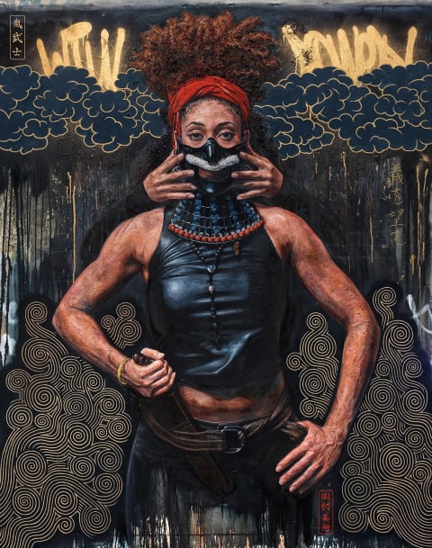 A painting of a woman in a black tank top in a strong stance with a mask being held over her face by someone behind her