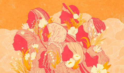 An illustration of 8 women from various backgrounds all looking to the left. The colors are predominately orange and pink.