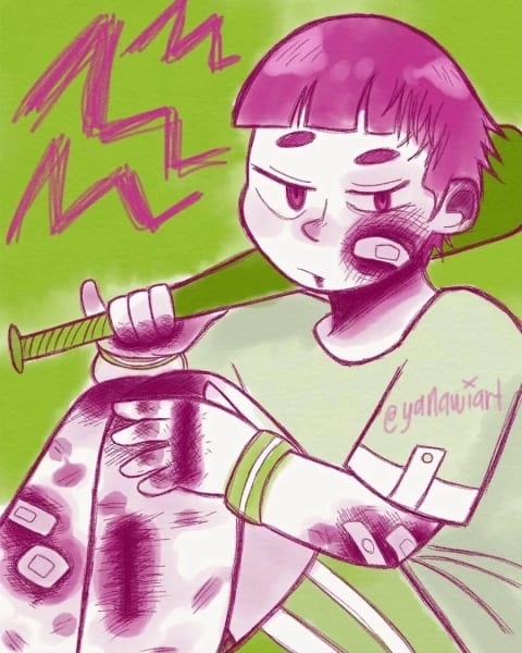 Purple and green illustration of a boy, with several band-aids and bruises, holding a baseball bat.