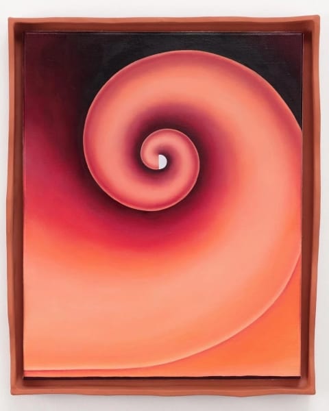 An oil painting of a spiral in peachy warm tones. 