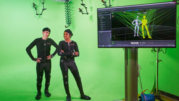 Students working in the 3D Animation and Visual Effects Green Screen Studio.