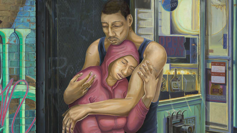 A painting by Aaron Gilbert. The painting depicts two figures outside of a building; one is seated and the other is standing behind. The figure in the back has his arms wrapped around the seated figure.