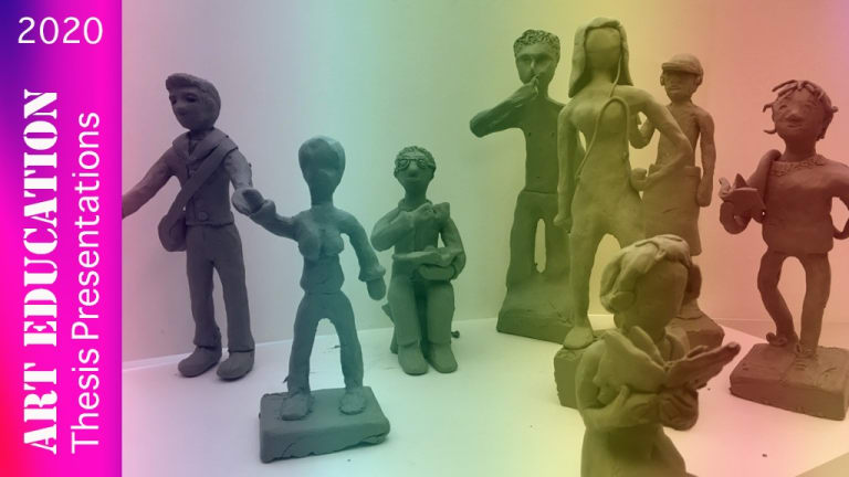 Eight clay figures of people. On the left, written from the bottom to top of the image it says "Art Education Thesis Presentations 2020." The whole image has a rainbow tone
