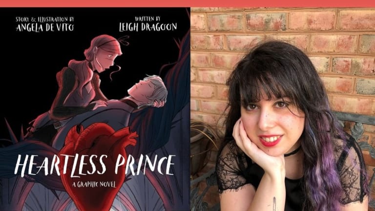 Cover titled "the heartless prince" to the left of the screen with a photo of angela de vito, who will be streaming on the bfa animation twitch channel. bfa animation logo is on top of these images. 
