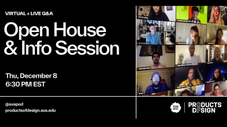 A black graphic divided by a white line into four sections. On the upper left is a photo of a zoom meeting featuring multiple different people. To the upper left, there is text that reads "Virtual Open House and Info Session"