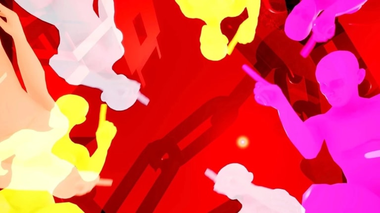 Video still of highly saturated, graphic outlines of human figures in different colors on a red background with a large chain overlaid on it.