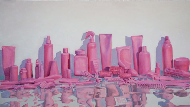 A painting of pink toiletries lined up against a white wall on top of a metallic, blueish surface. 