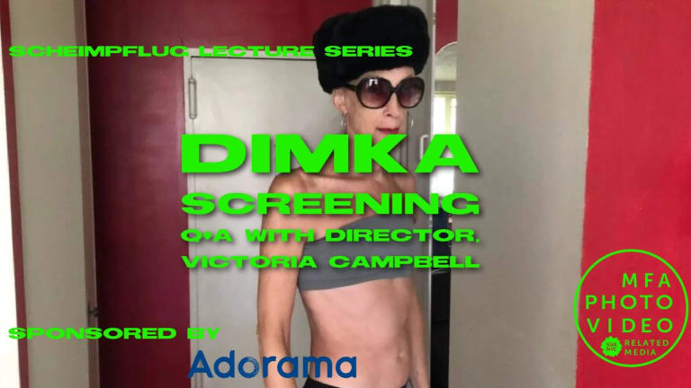 Neon green text advertising DIMKA screening, on top of color image of Dimka, a woman wearing oversized sunglasses and a large, furry black hat, and a bandeau top.