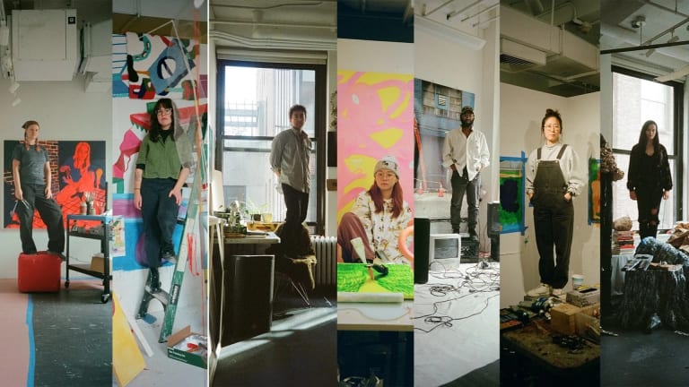 Images of 7 artists standing in their studios collaged together.