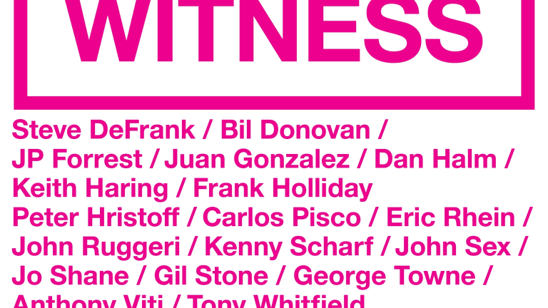 Title of exhibition in large block pink letters followed by a list of all the exhibiting artists.