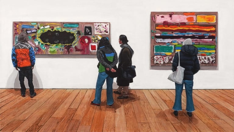 Painting of four people dressed in street clothes looking at two of Joan Snyder's paintings on the wall at Canada gallery. The walls are white and the floors are a wood, a warm tone. The Joan Snyder paintings depicted are colorful and abstract.