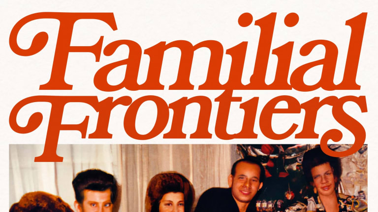 Image of a group of people eating dinner with the title Familial Frontiers in red