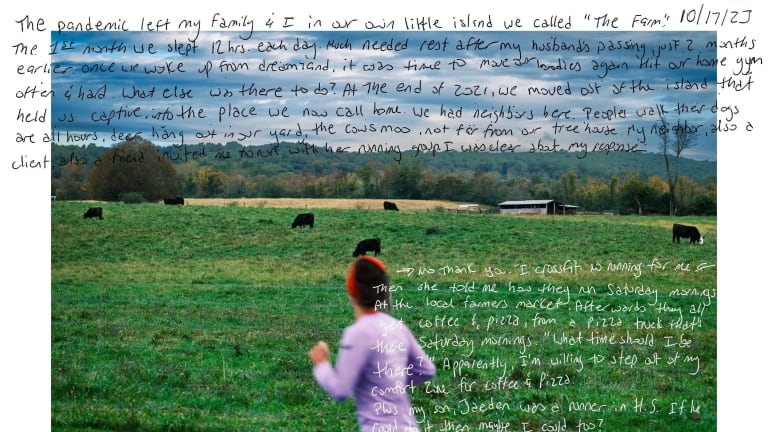 A photo of a woman running in a field, writing is overlaid on top