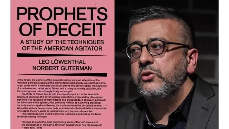 Image of the speaker Samir Gandesha and the book cover of Prophets of Deceit