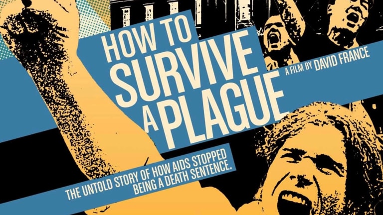 Poster for film How to Survive a Plague, activists with fists raised, sunrise imagery