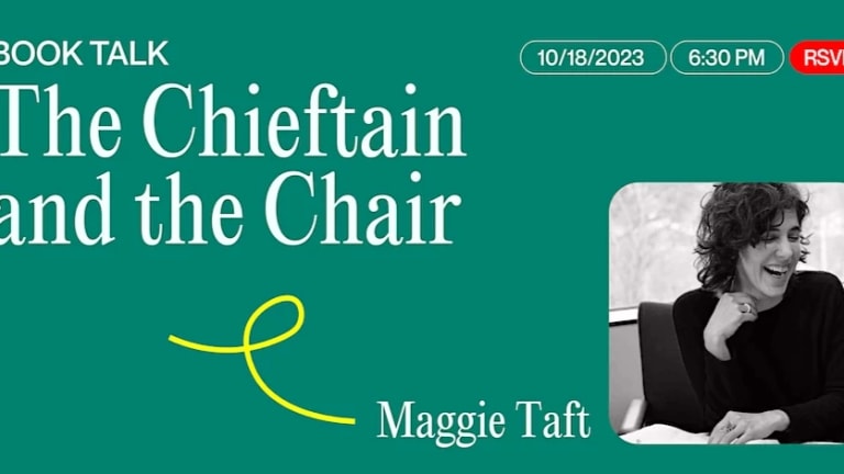 A green graphic that reads "The Chieftain and The Chair," in white text above a black and white image in the lower right corner of a woman laughing