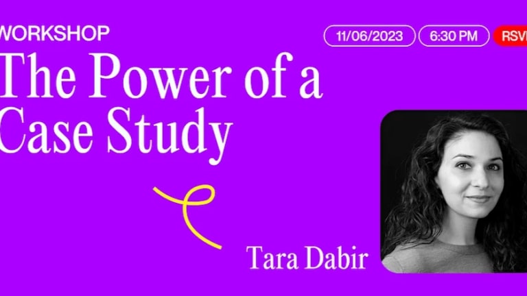 A purple slide with the words "The Power of a Case Study" in white. In the lower right corner is a black and white photo of a woman