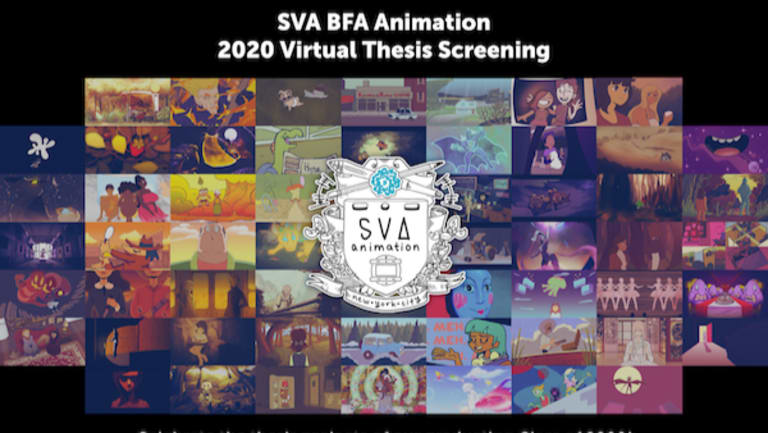 A collage of screenshots from animated films. A crest that says "SVA Animation" is at the middle