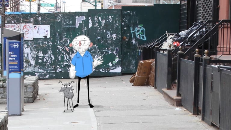 A city sidewalk with a parking meter on the left and steps up to a building on the right. A cartoon person walking a dog stands on the sidewalk, waving.