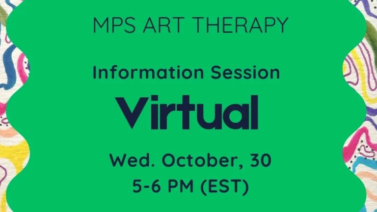 Text on top of a green background, that reads "MPS ART THERAPY VIRTUAL INFORMATION SESSIONS"