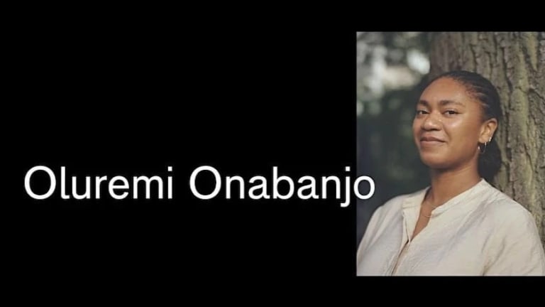 Black background with a headshot of Oluremi Onabanjo to the right, color of her slightly smiling against a tree. White text to the center left in large sans serif of her name.
